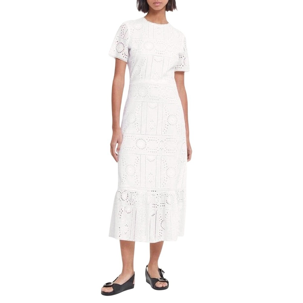 The Kooples Dress White Eyelet Flower Embroidery Midi Womens Size FR 2/US 6